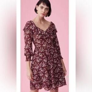Rebecca Taylor Burgundy Floral Ruffle V-Neck Long Sleeve Dress